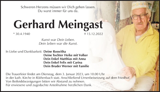 Traueranzeige von Gerhard Meingast von Pegnitz-Zeitung