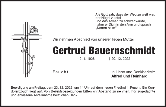 Traueranzeige von Gertrud Bauernschmidt von Der Bote