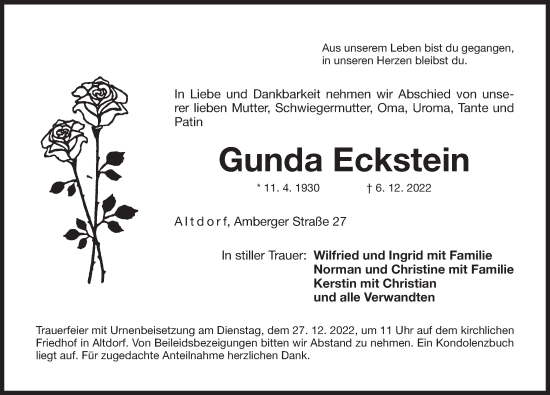 Traueranzeige von Gunda Eckstein von Der Bote
