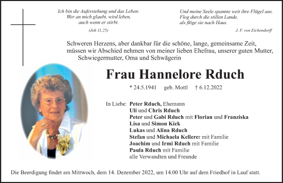 Traueranzeige von Hannelore Rduch von Pegnitz-Zeitung
