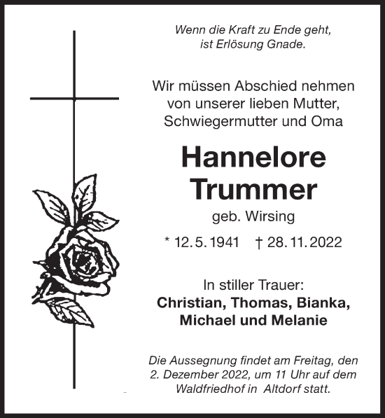 Traueranzeige von Hannelore Trummer von Der Bote
