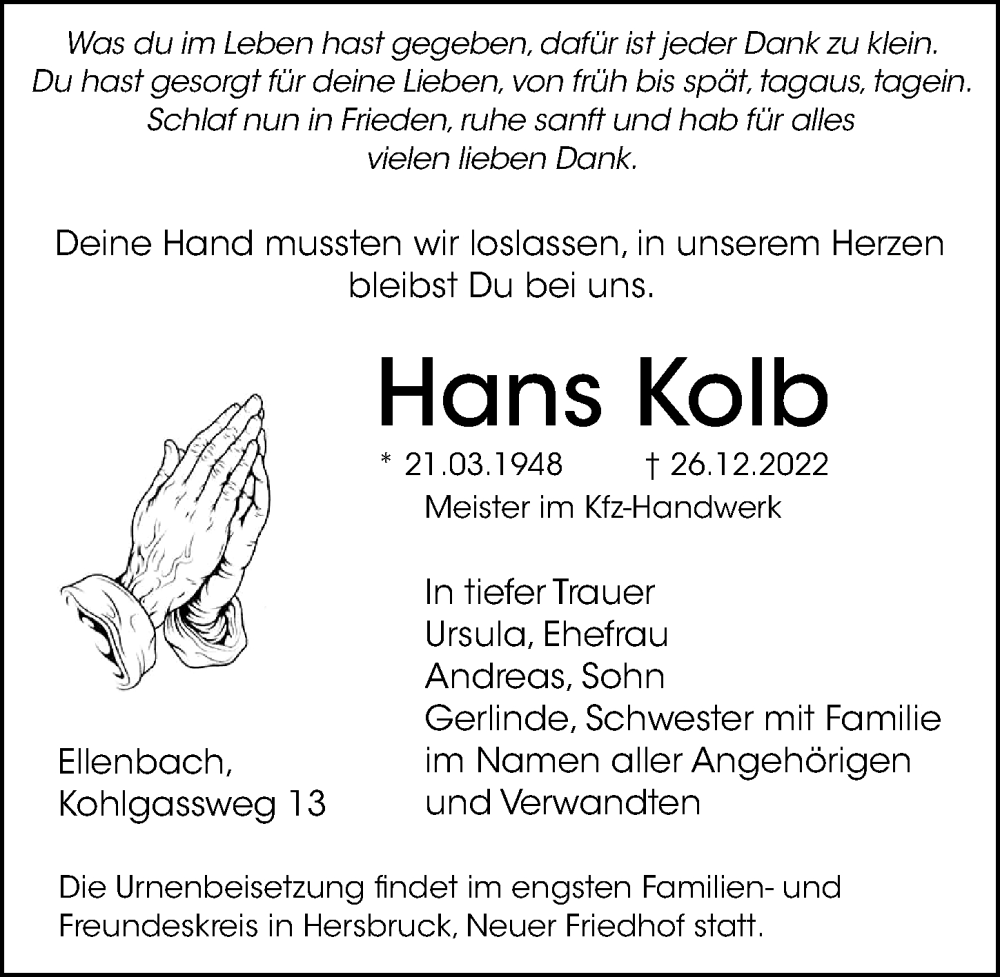  Traueranzeige für Hans Kolb vom 31.12.2022 aus Hersbrucker Zeitung Lokal
