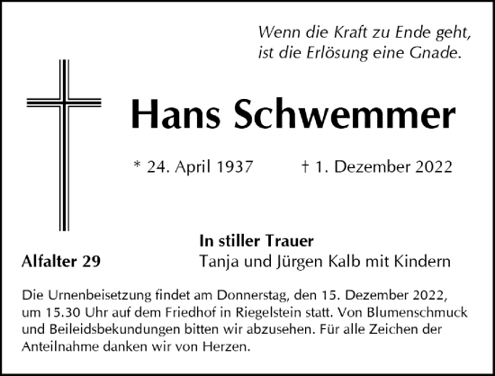 Traueranzeige von Hans Schwemmer von Hersbrucker Zeitung Lokal
