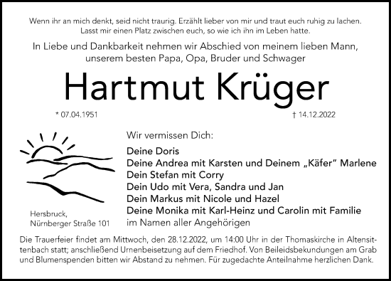 Traueranzeige von Hartmut Krüger von Hersbrucker Zeitung Lokal