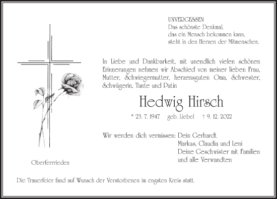 Traueranzeige von Hedwig Hirsch von Der Bote
