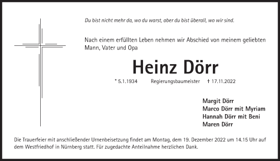 Traueranzeige von Heinz Dörr von Pegnitz-Zeitung