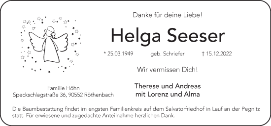 Traueranzeige von Helga Seeser von Pegnitz-Zeitung