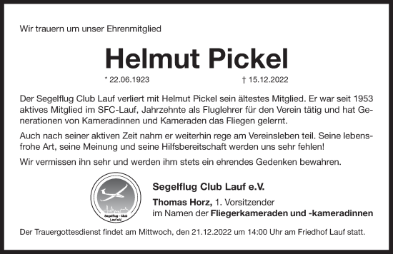 Traueranzeige von Helmut Pickel von Pegnitz-Zeitung