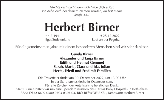 Traueranzeige von Herbert Birner von Pegnitz-Zeitung