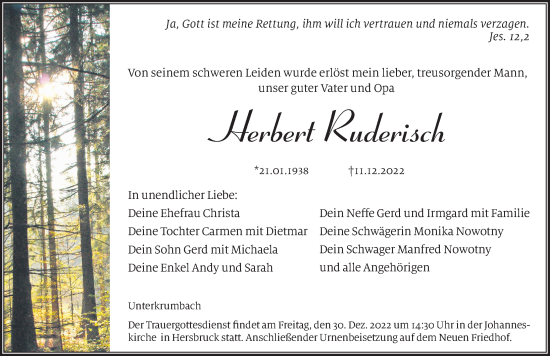 Traueranzeige von Herbert Ruderisch von Hersbrucker Zeitung Lokal