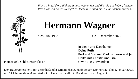 Traueranzeige von Hermann Wagner von Hersbrucker Zeitung Lokal