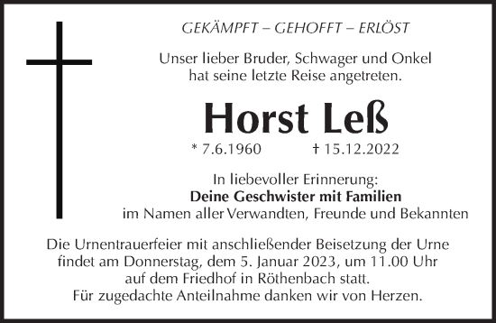 Traueranzeige von Horst Leß von Pegnitz-Zeitung