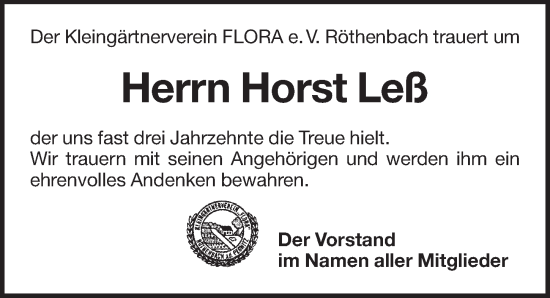 Traueranzeige von Horst Leß von Pegnitz-Zeitung