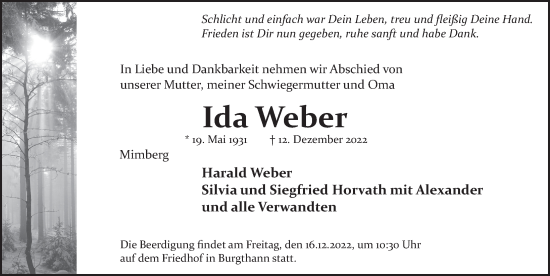 Traueranzeige von Ida Weber von Der Bote