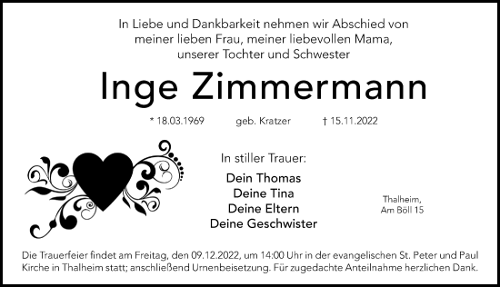 Traueranzeige von Inge Zimmermann von Hersbrucker Zeitung Lokal