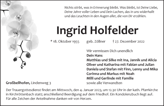 Traueranzeige von Ingrid Holfelder von Pegnitz-Zeitung