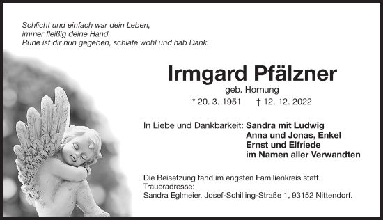 Traueranzeige von Irmgard Pfälzner von Der Bote