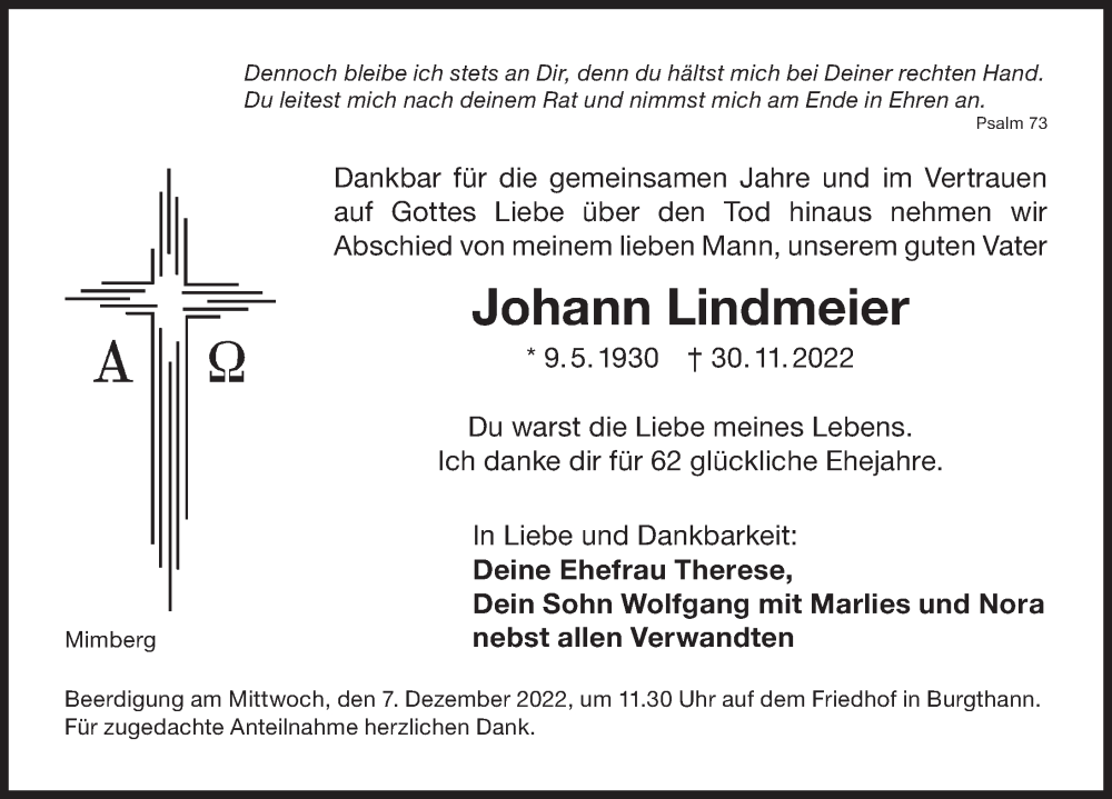  Traueranzeige für Johann Lindmeier vom 03.12.2022 aus Der Bote