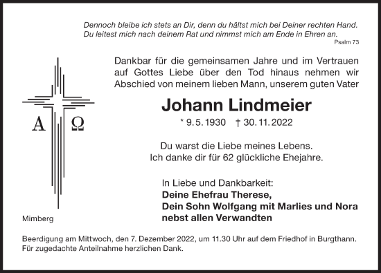 Traueranzeige von Johann Lindmeier von Der Bote