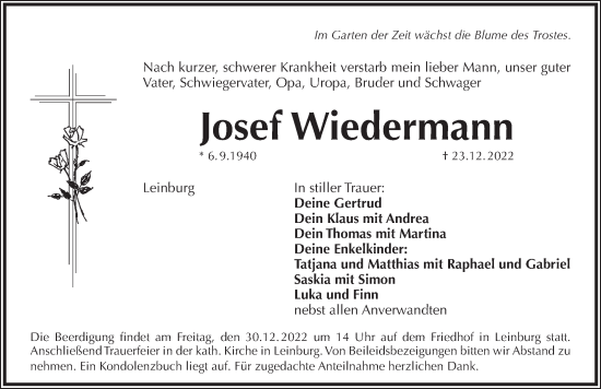 Traueranzeige von Josef Wiedermann von Pegnitz-Zeitung