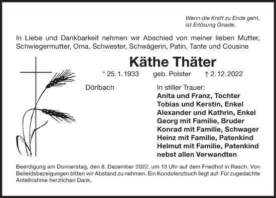 Traueranzeige von Käthe Thäter von Der Bote
