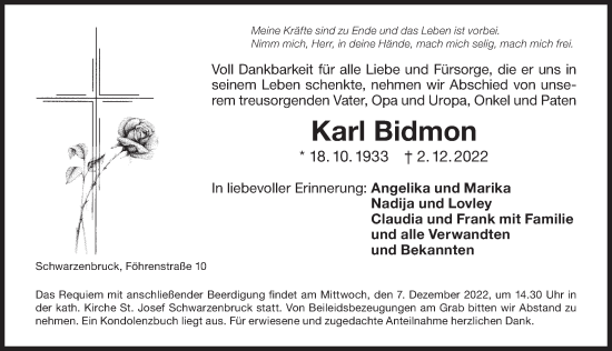 Traueranzeige von Karl Bidmon von Der Bote