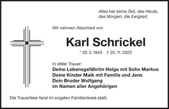 Traueranzeige von Karl Schrickel von Der Bote