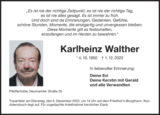 Traueranzeige von Karlheinz Walther von Der Bote