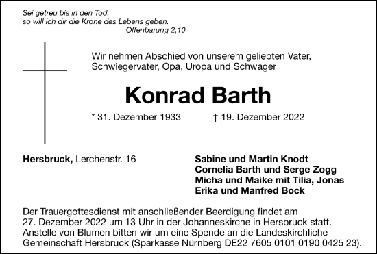 Traueranzeige von Konrad Barth von Hersbrucker Zeitung Lokal