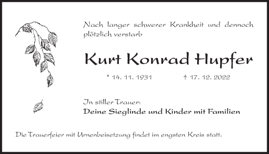 Traueranzeige von Kurt Konrad Hupfer von Pegnitz-Zeitung