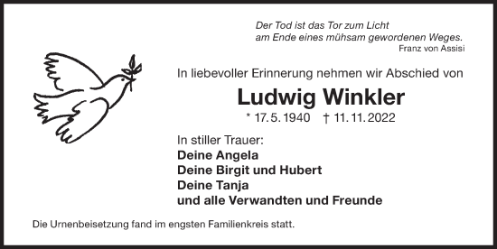 Traueranzeige von Ludwig Winkler von Der Bote