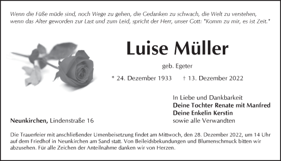 Traueranzeige von Luise Müller von Pegnitz-Zeitung