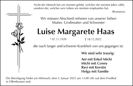 Traueranzeige von Luise Margarete Haas von Hersbrucker Zeitung Lokal