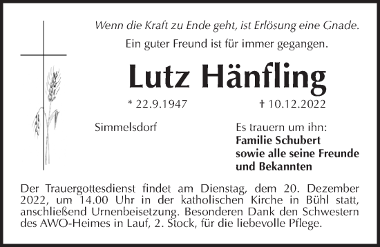 Traueranzeige von Lutz Hänfling von Pegnitz-Zeitung