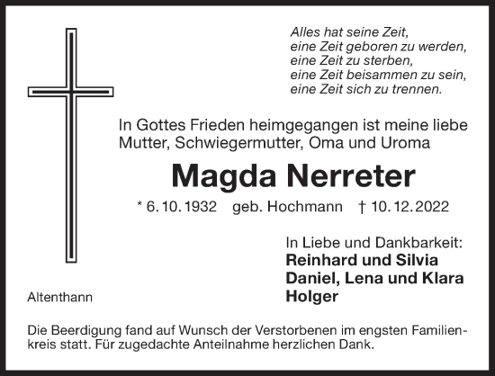 Traueranzeige von Magda Nerreter von Der Bote