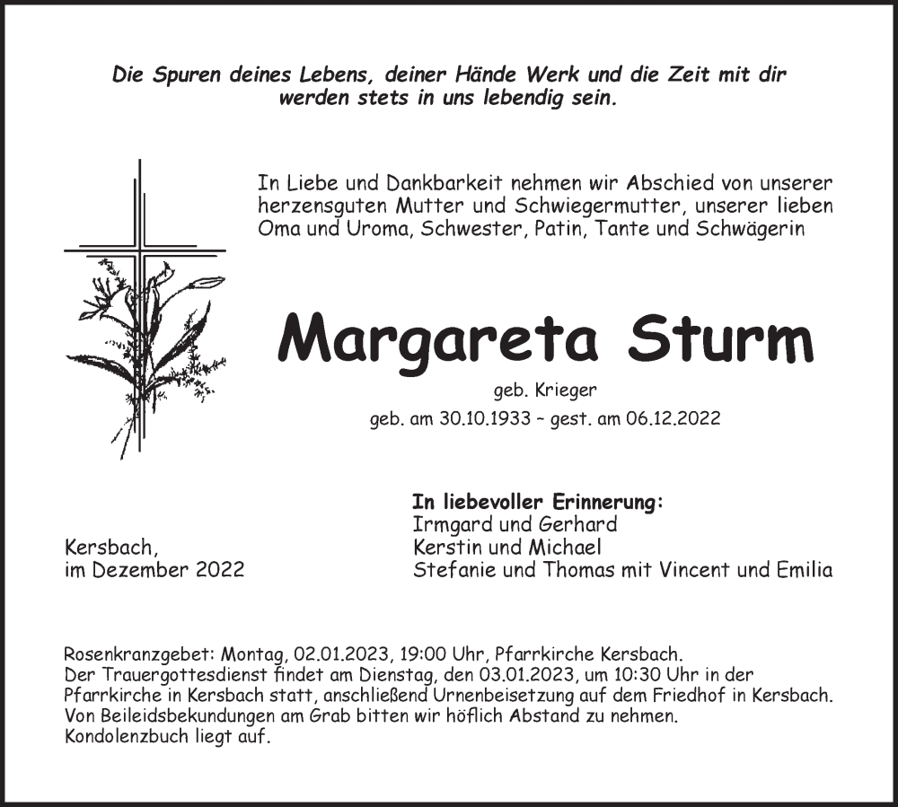  Traueranzeige für Margareta Sturm vom 31.12.2022 aus Pegnitz-Zeitung