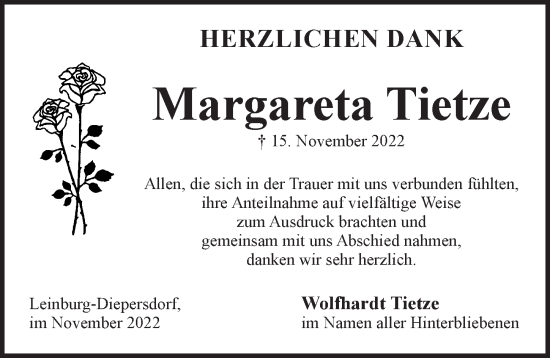 Traueranzeige von Margareta Tietze von Der Bote
