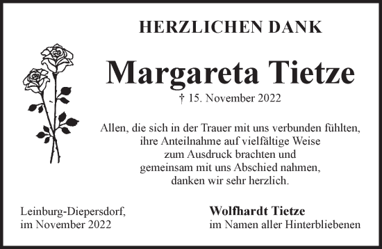 Traueranzeige von Margareta Tietze von Pegnitz-Zeitung