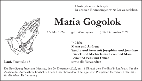 Traueranzeige von Maria Gogolok von Pegnitz-Zeitung