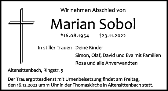 Traueranzeige von Marian Sobol von Hersbrucker Zeitung Lokal