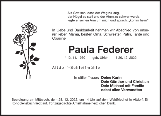 Traueranzeige von Paula Federer von Der Bote