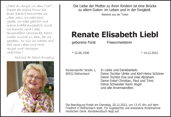 Traueranzeige von Renate Elisabeth Liebl von Pegnitz-Zeitung