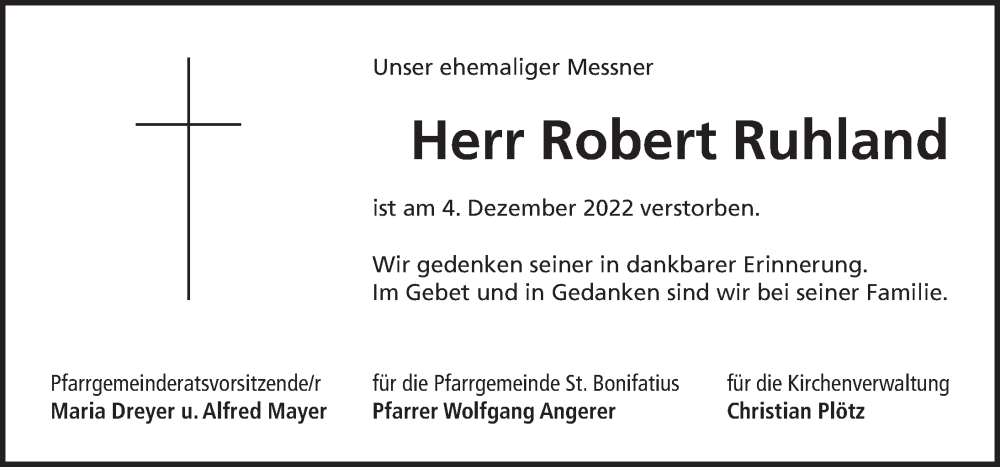  Traueranzeige für Robert Ruhland vom 10.12.2022 aus Pegnitz-Zeitung