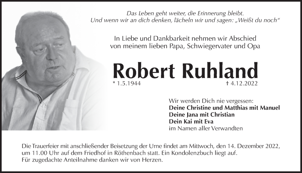  Traueranzeige für Robert Ruhland vom 10.12.2022 aus Pegnitz-Zeitung