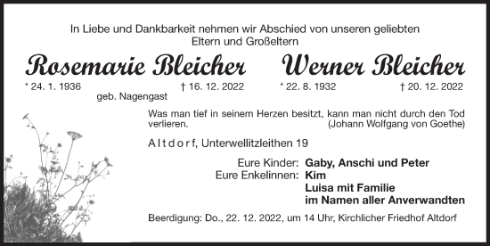 Traueranzeige von Rosemarie und Werner Bleicher von Der Bote