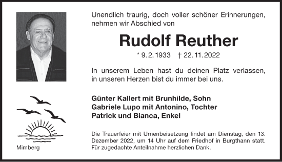 Traueranzeige von Rudolf Reuther von Der Bote