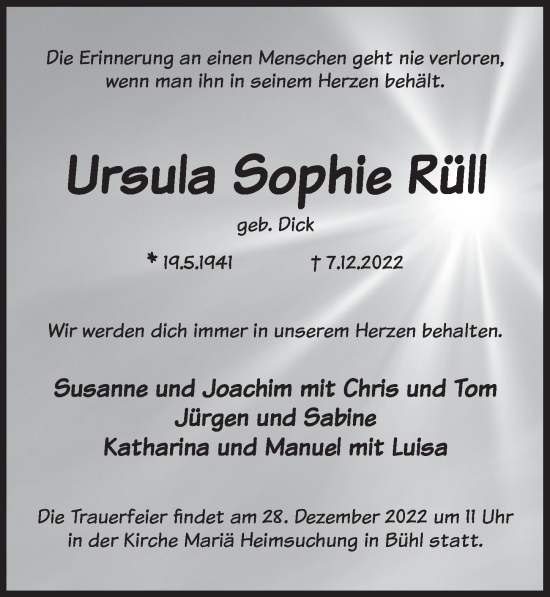 Traueranzeige von Ursula Sophie Rüll von Pegnitz-Zeitung