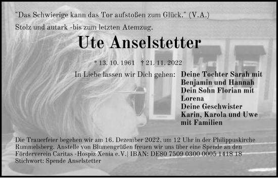 Traueranzeige von Ute Anselstetter von Der Bote