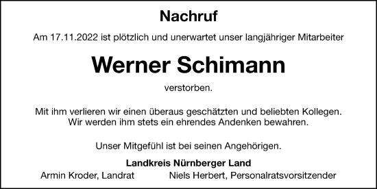 Traueranzeige von Werner Schimann von Hersbrucker Zeitung Lokal