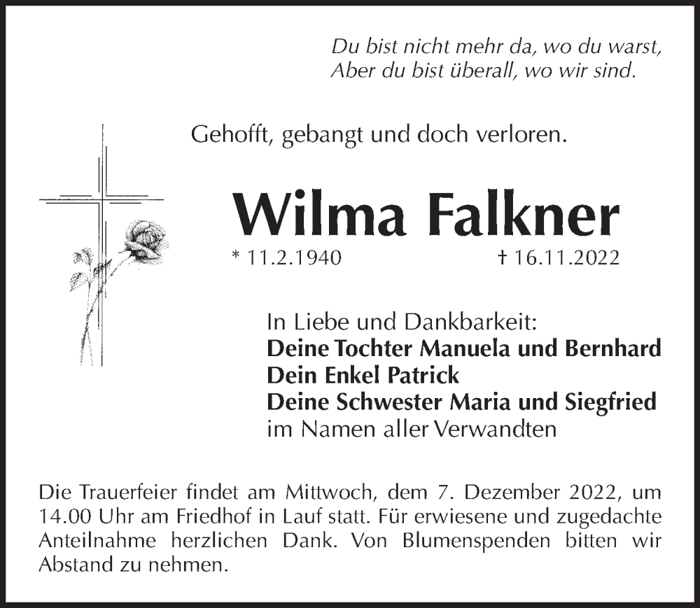  Traueranzeige für Wilma Falkner vom 03.12.2022 aus Pegnitz-Zeitung